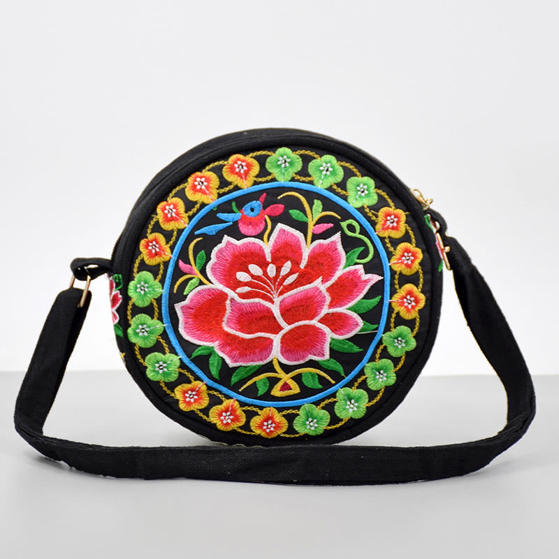 Nimara Ritual Money Tree Galsang Inula Flower Peony Rose Peacock Double-Sided Embroidery Canvas Shopping Purse Handbag Crossbody Bag