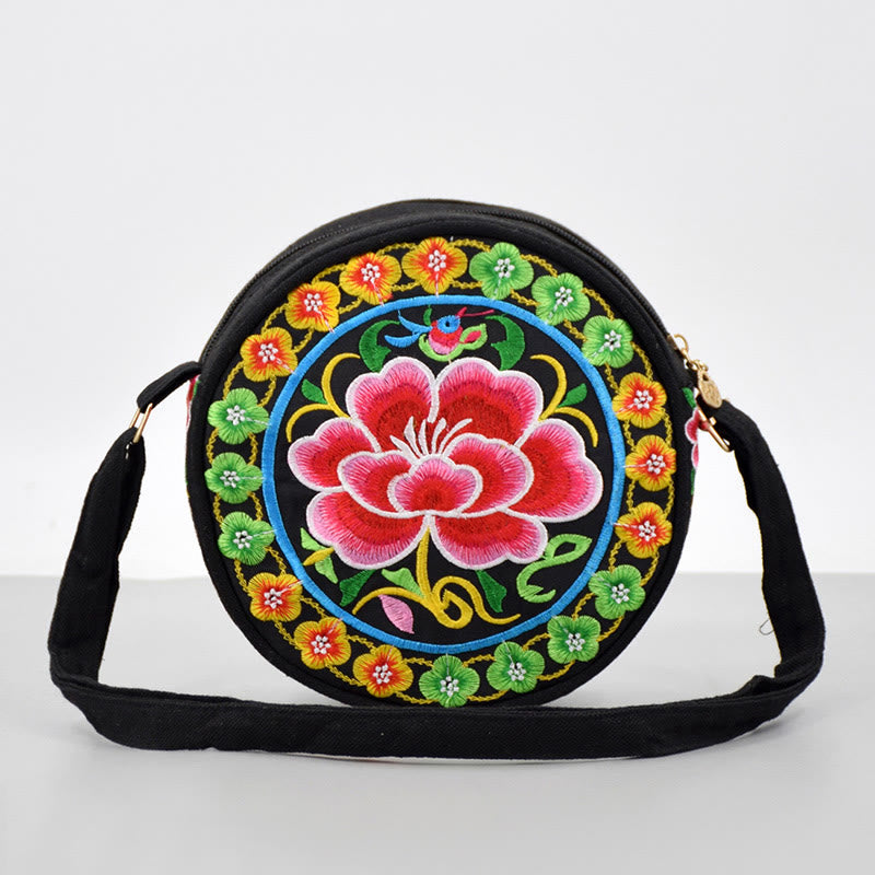 Nimara Ritual Money Tree Galsang Inula Flower Peony Rose Peacock Double-Sided Embroidery Canvas Shopping Purse Handbag Crossbody Bag