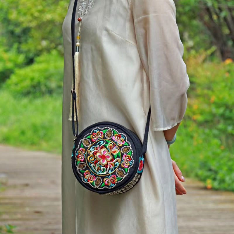 Nimara Ritual Money Tree Galsang Inula Flower Peony Rose Peacock Double-Sided Embroidery Canvas Shopping Purse Handbag Crossbody Bag