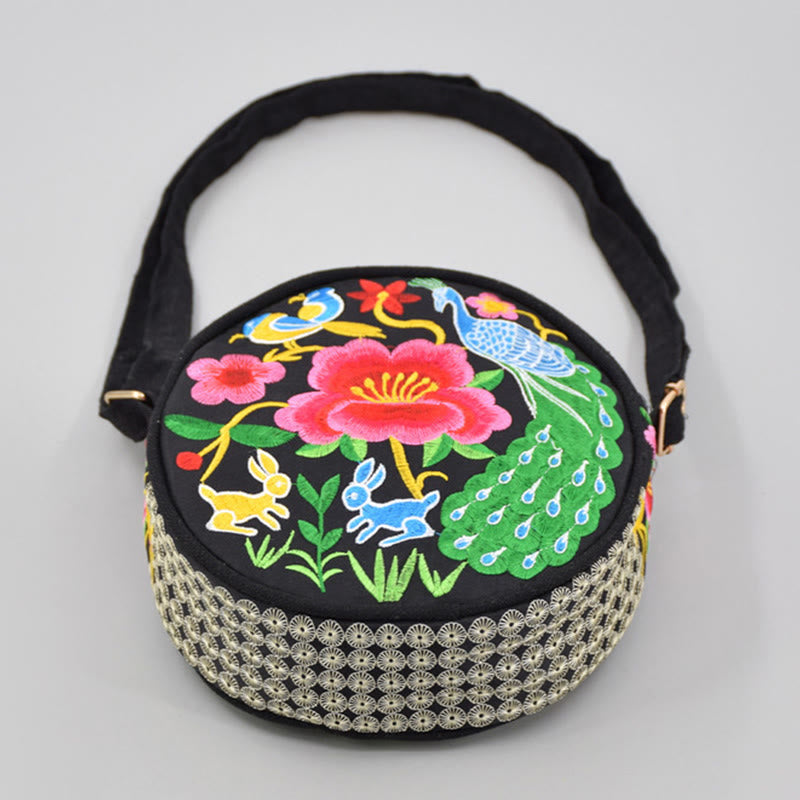 Nimara Ritual Money Tree Galsang Inula Flower Peony Rose Peacock Double-Sided Embroidery Canvas Shopping Purse Handbag Crossbody Bag