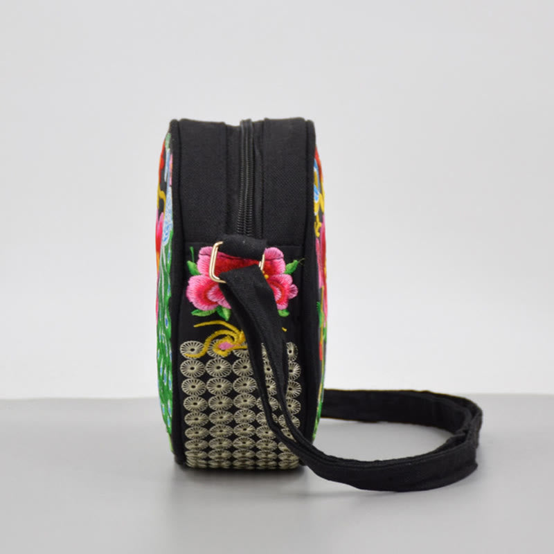 Nimara Ritual Money Tree Galsang Inula Flower Peony Rose Peacock Double-Sided Embroidery Canvas Shopping Purse Handbag Crossbody Bag