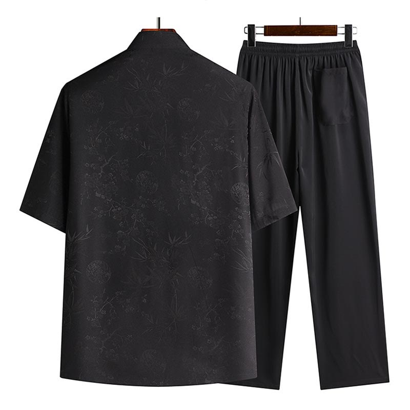 Nimara Ritual Bamboo Peach Blossom Tang Suit Hanfu Traditional Uniform Short Sleeve Top Pants Clothing Men's Set