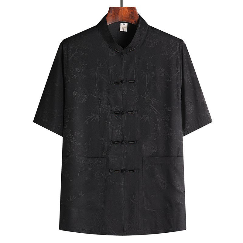 Nimara Ritual Bamboo Peach Blossom Tang Suit Hanfu Traditional Uniform Short Sleeve Top Pants Clothing Men's Set