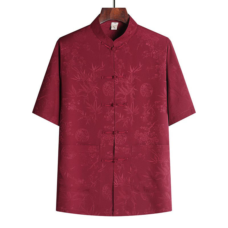 Nimara Ritual Bamboo Peach Blossom Tang Suit Hanfu Traditional Uniform Short Sleeve Top Pants Clothing Men's Set