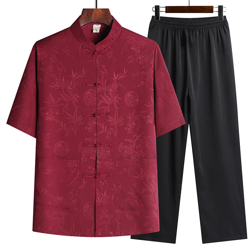 Nimara Ritual Bamboo Peach Blossom Tang Suit Hanfu Traditional Uniform Short Sleeve Top Pants Clothing Men's Set