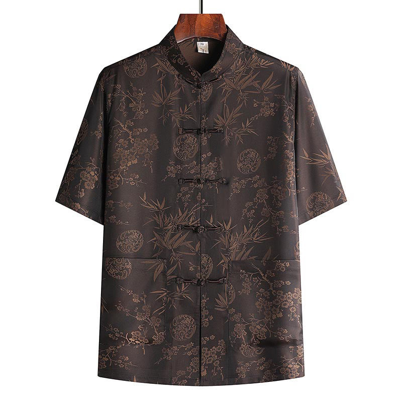 Nimara Ritual Bamboo Peach Blossom Tang Suit Hanfu Traditional Uniform Short Sleeve Top Pants Clothing Men's Set