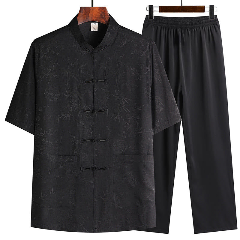 Nimara Ritual Bamboo Peach Blossom Tang Suit Hanfu Traditional Uniform Short Sleeve Top Pants Clothing Men's Set