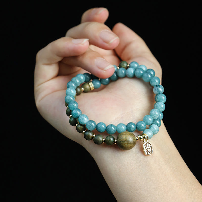 Nimara Ritual Blue Chalcedony Green Sandalwood Small Leaf Red Sandalwood Double Wrap Emotional Balance Bracelet