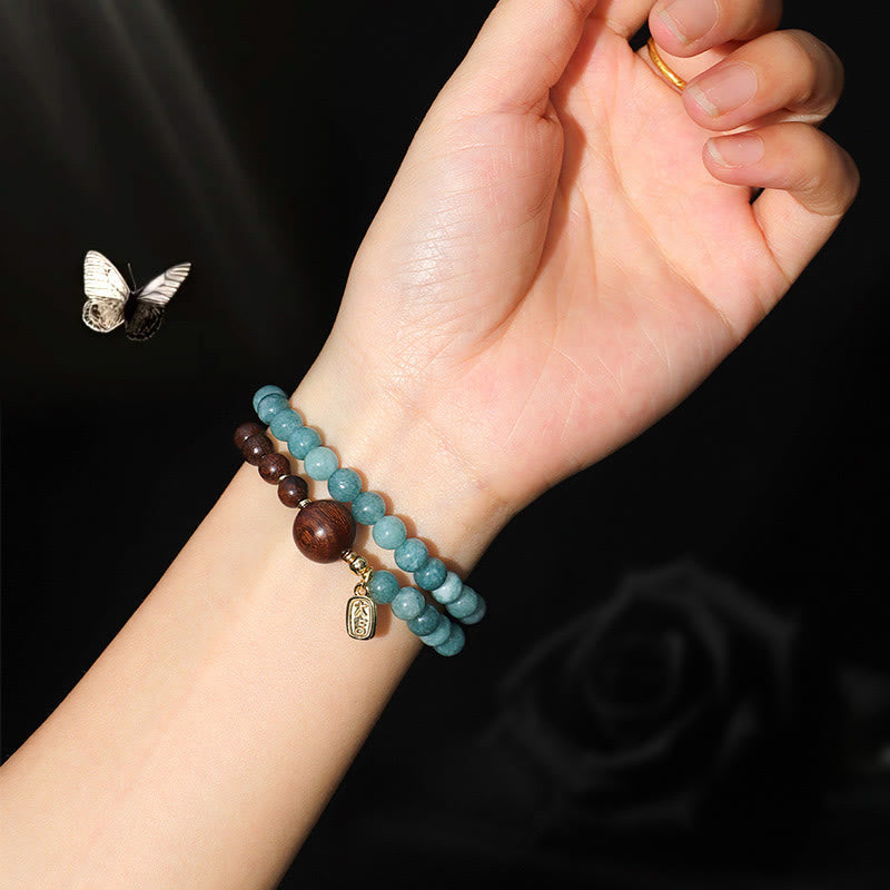 Nimara Ritual Blue Chalcedony Green Sandalwood Small Leaf Red Sandalwood Double Wrap Emotional Balance Bracelet