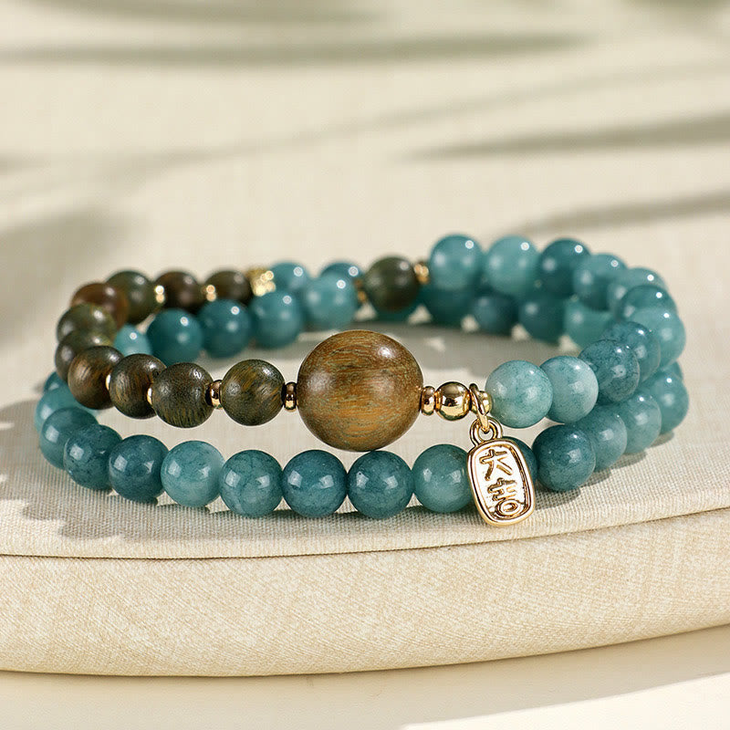 Nimara Ritual Blue Chalcedony Green Sandalwood Small Leaf Red Sandalwood Double Wrap Emotional Balance Bracelet