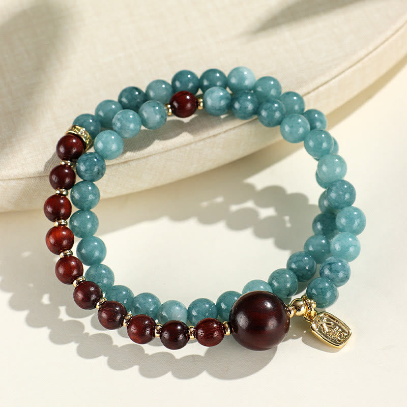 Nimara Ritual Blue Chalcedony Green Sandalwood Small Leaf Red Sandalwood Double Wrap Emotional Balance Bracelet