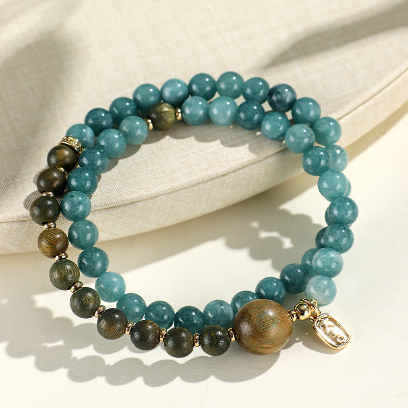 Nimara Ritual Blue Chalcedony Green Sandalwood Small Leaf Red Sandalwood Double Wrap Emotional Balance Bracelet