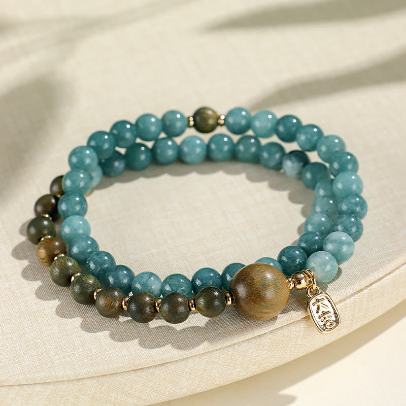 Nimara Ritual Blue Chalcedony Green Sandalwood Small Leaf Red Sandalwood Double Wrap Emotional Balance Bracelet