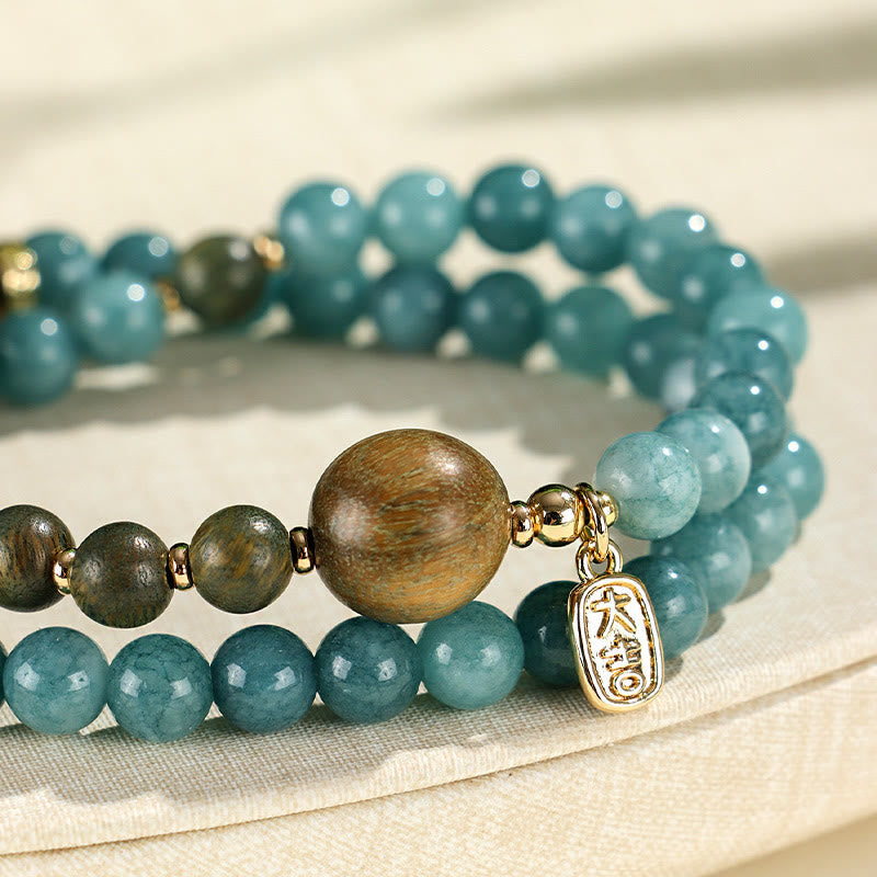 Nimara Ritual Blue Chalcedony Green Sandalwood Small Leaf Red Sandalwood Double Wrap Emotional Balance Bracelet