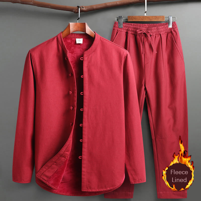 Nimara Ritual Solid Tang Suit Traditional Fleece Lined Uniform Long Sleeve Top Pants Men's Set