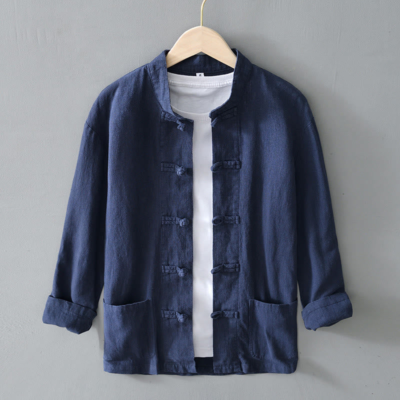 Nimara Ritual Frog-Button Chinese Tang Suit Cotton Linen Men Shirt With Pockets