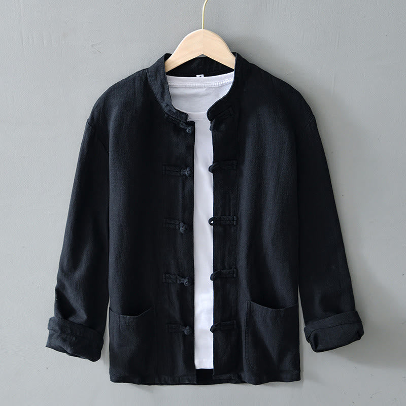 Nimara Ritual Frog-Button Chinese Tang Suit Cotton Linen Men Shirt With Pockets