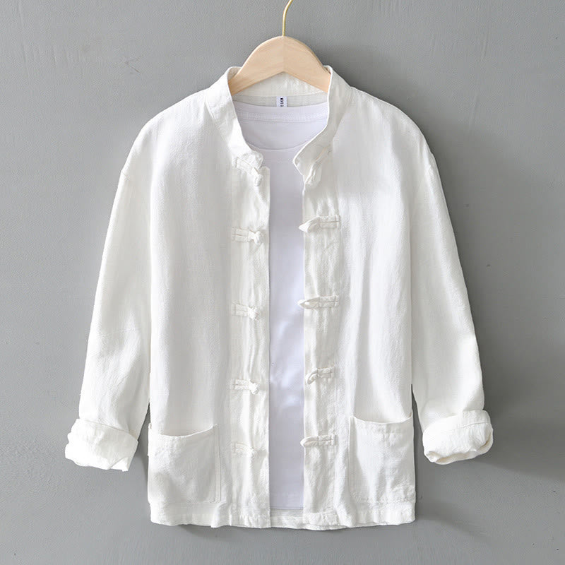 Nimara Ritual Frog-Button Chinese Tang Suit Cotton Linen Men Shirt With Pockets