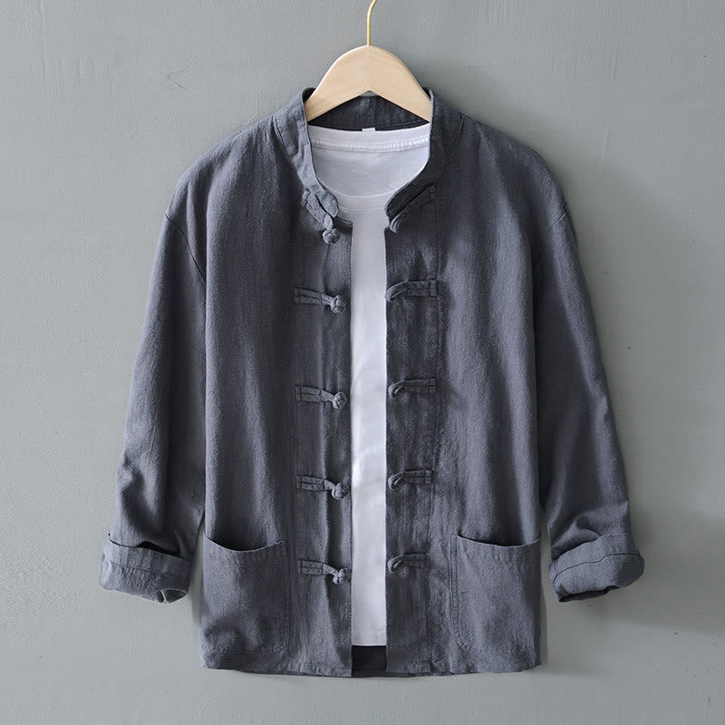 Nimara Ritual Frog-Button Chinese Tang Suit Cotton Linen Men Shirt With Pockets