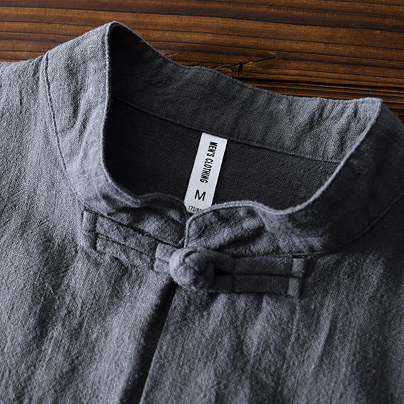 Nimara Ritual Frog-Button Chinese Tang Suit Cotton Linen Men Shirt With Pockets