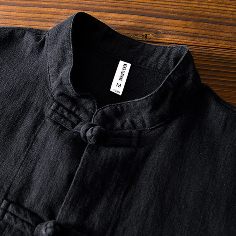 Nimara Ritual Frog-Button Chinese Tang Suit Cotton Linen Men Shirt With Pockets
