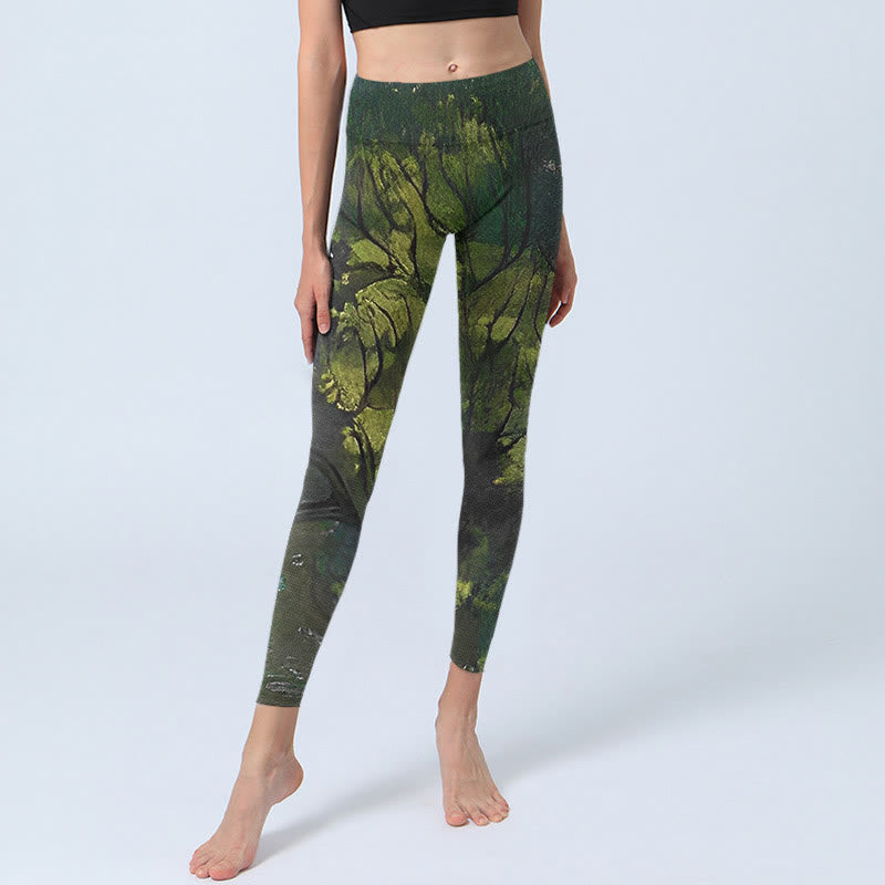 Nimara Ritual ForestGreen Leaves Black Lines Print Exercise Leggings Women's Yoga Pants