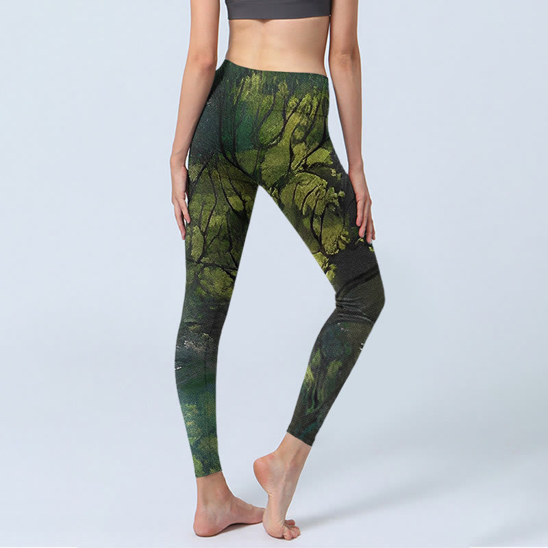 Nimara Ritual ForestGreen Leaves Black Lines Print Exercise Leggings Women's Yoga Pants