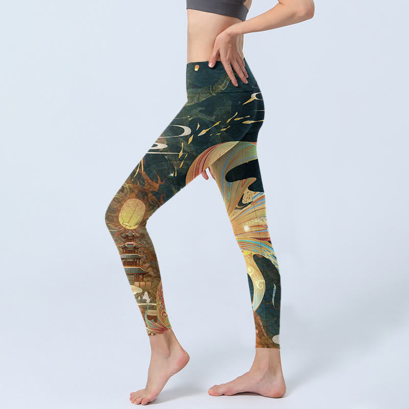 Nimara Ritual Dark Slate Gray Double Koi Fish Sky Lantern Tower Exercise Leggings Women's Yoga Pants