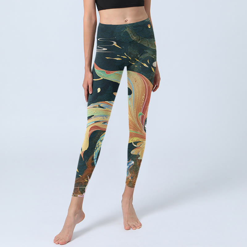 Nimara Ritual Dark Slate Gray Double Koi Fish Sky Lantern Tower Exercise Leggings Women's Yoga Pants