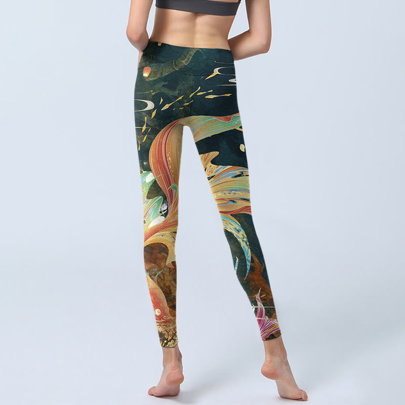 Nimara Ritual Dark Slate Gray Double Koi Fish Sky Lantern Tower Exercise Leggings Women's Yoga Pants