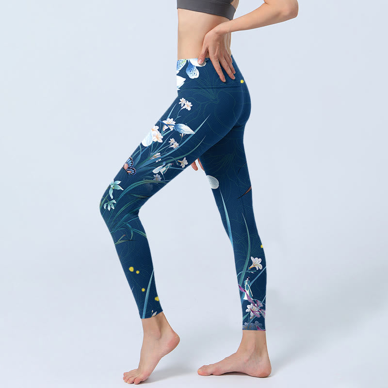 Nimara Ritual SteelBlue Small White Flowers Butterfly Exercise Leggings Women's Yoga Pants