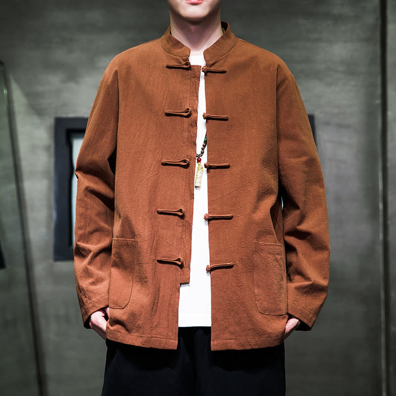 Nimara Ritual Simple Frog-Button Chinese Tang Suit Cotton Men Jacket Shirt With Pockets