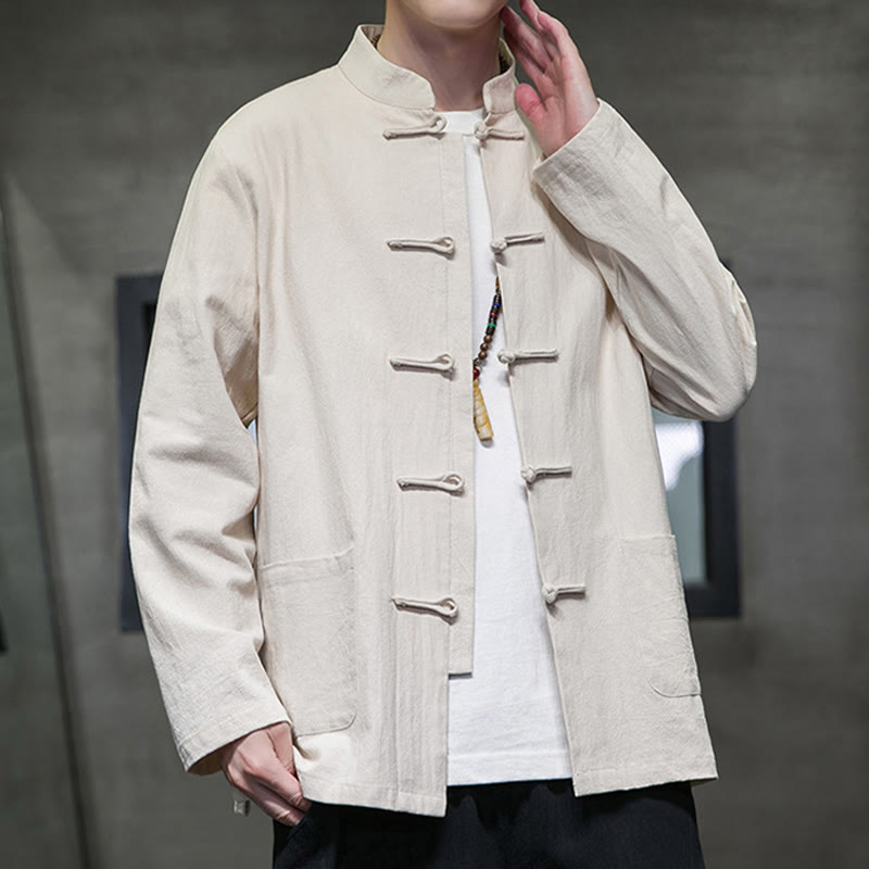 Nimara Ritual Simple Frog-Button Chinese Tang Suit Cotton Men Jacket Shirt With Pockets