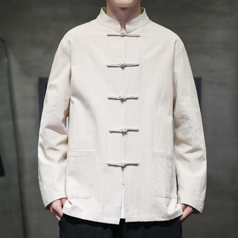 Nimara Ritual Simple Frog-Button Chinese Tang Suit Cotton Men Jacket Shirt With Pockets