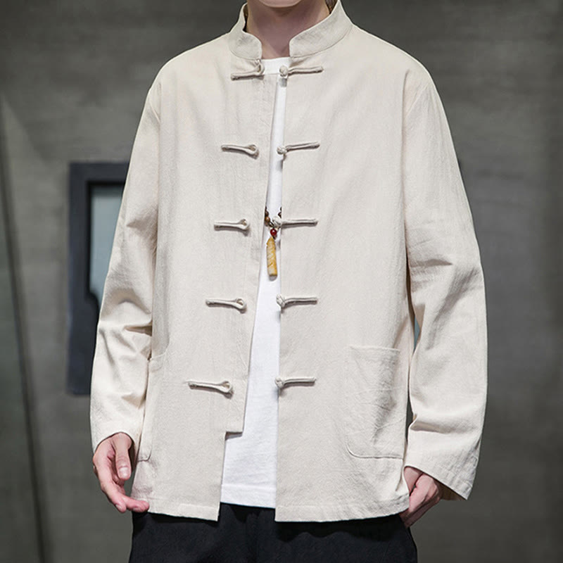 Nimara Ritual Simple Frog-Button Chinese Tang Suit Cotton Men Jacket Shirt With Pockets