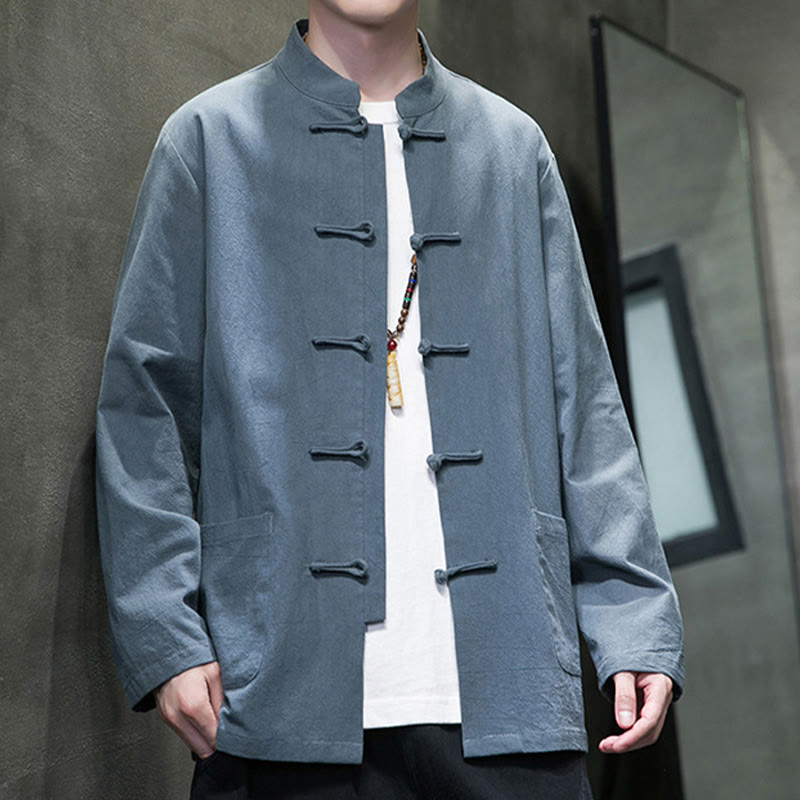 Nimara Ritual Simple Frog-Button Chinese Tang Suit Cotton Men Jacket Shirt With Pockets