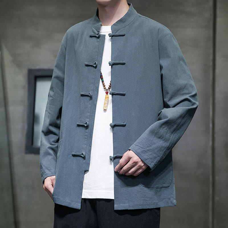 Nimara Ritual Simple Frog-Button Chinese Tang Suit Cotton Men Jacket Shirt With Pockets