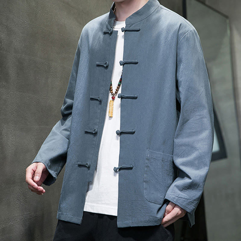 Nimara Ritual Simple Frog-Button Chinese Tang Suit Cotton Men Jacket Shirt With Pockets