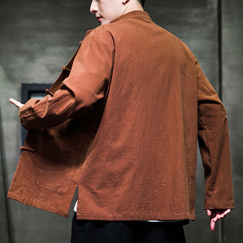 Nimara Ritual Simple Frog-Button Chinese Tang Suit Cotton Men Jacket Shirt With Pockets