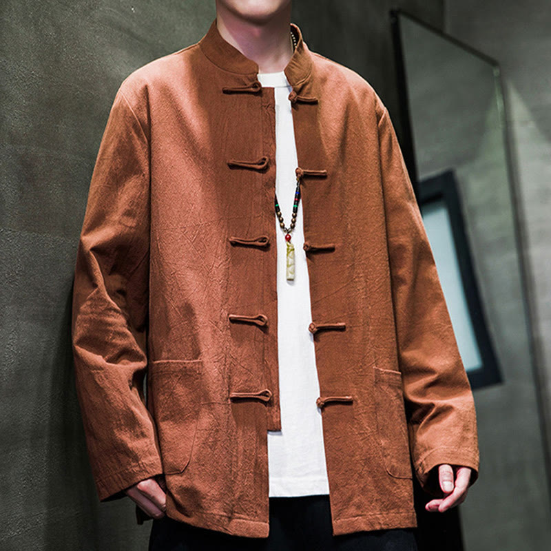 Nimara Ritual Simple Frog-Button Chinese Tang Suit Cotton Men Jacket Shirt With Pockets