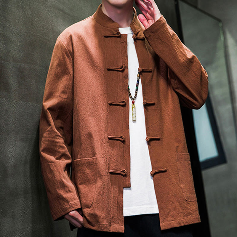 Nimara Ritual Simple Frog-Button Chinese Tang Suit Cotton Men Jacket Shirt With Pockets