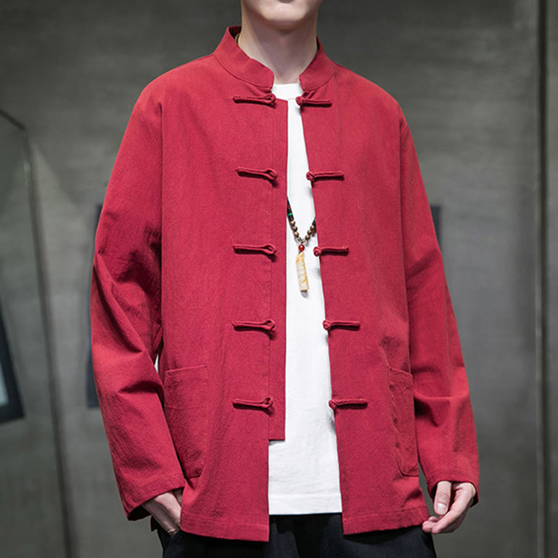 Nimara Ritual Simple Frog-Button Chinese Tang Suit Cotton Men Jacket Shirt With Pockets