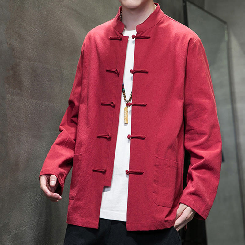 Nimara Ritual Simple Frog-Button Chinese Tang Suit Cotton Men Jacket Shirt With Pockets