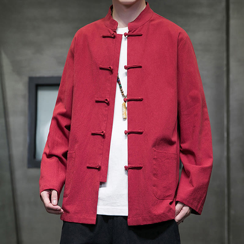 Nimara Ritual Simple Frog-Button Chinese Tang Suit Cotton Men Jacket Shirt With Pockets