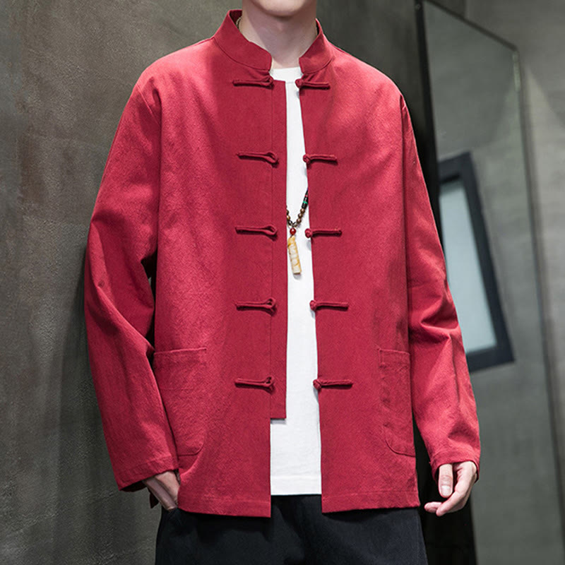 Nimara Ritual Simple Frog-Button Chinese Tang Suit Cotton Men Jacket Shirt With Pockets
