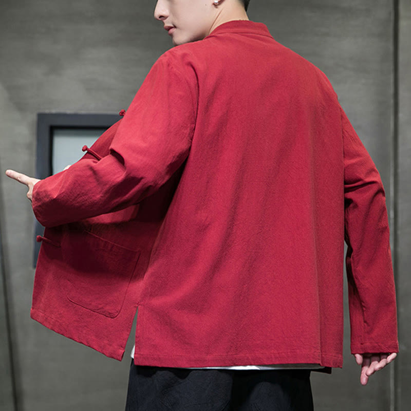 Nimara Ritual Simple Frog-Button Chinese Tang Suit Cotton Men Jacket Shirt With Pockets