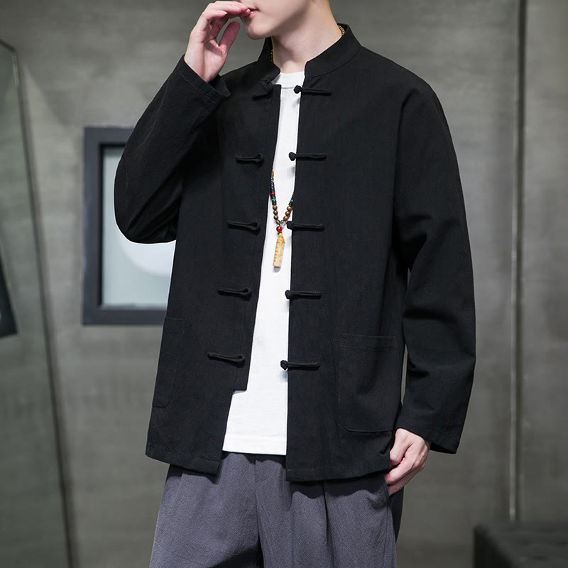 Nimara Ritual Simple Frog-Button Chinese Tang Suit Cotton Men Jacket Shirt With Pockets