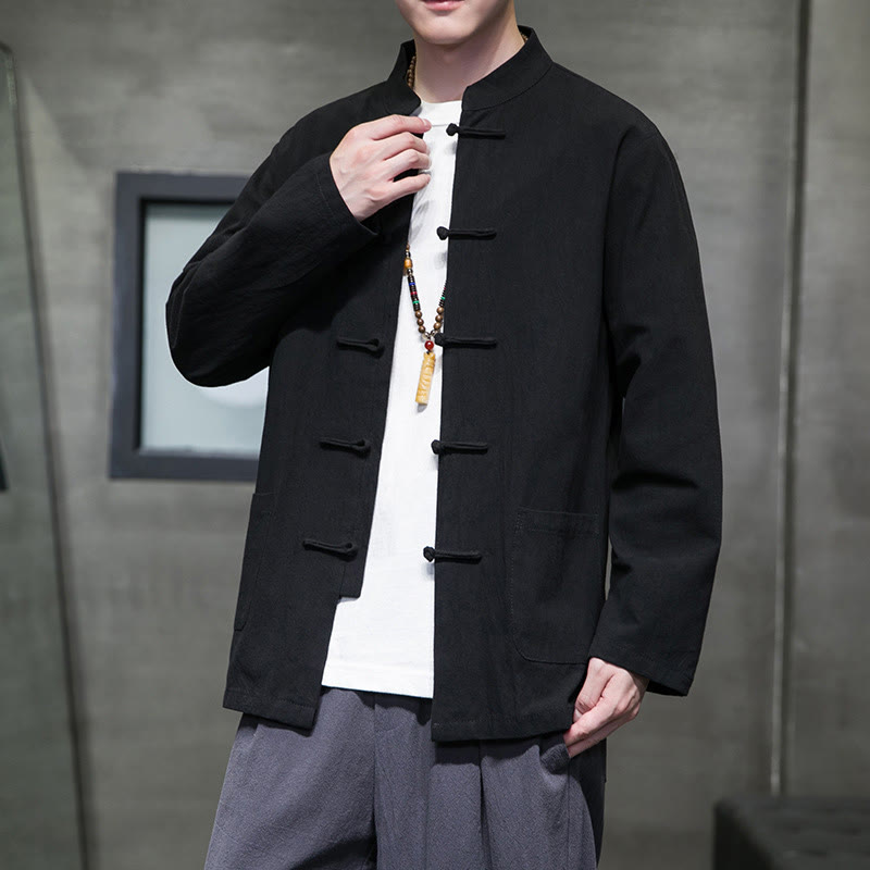 Nimara Ritual Simple Frog-Button Chinese Tang Suit Cotton Men Jacket Shirt With Pockets