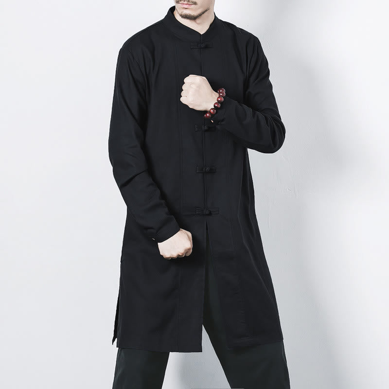 Nimara Ritual Fall Simple Frog-Button Linen Men's Mid-length Coat Zen Clothing