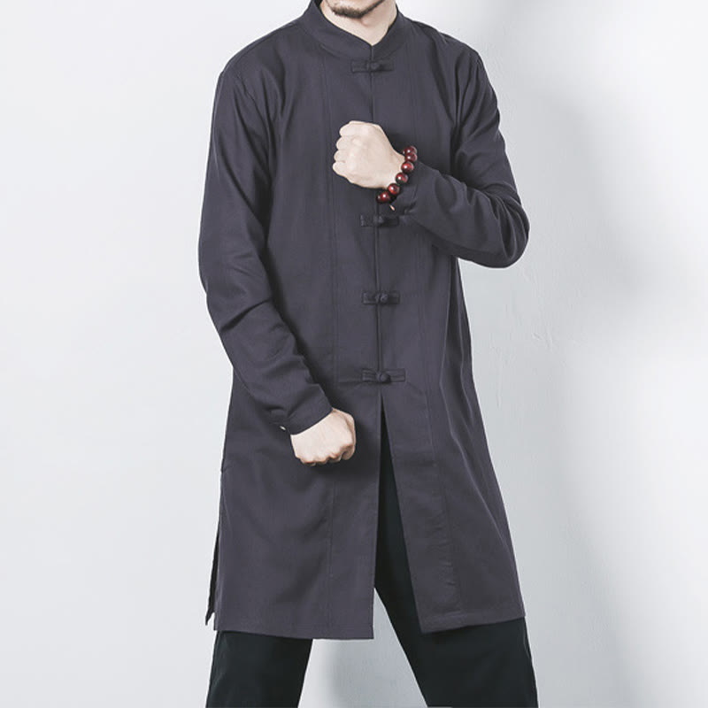 Nimara Ritual Fall Simple Frog-Button Linen Men's Mid-length Coat Zen Clothing